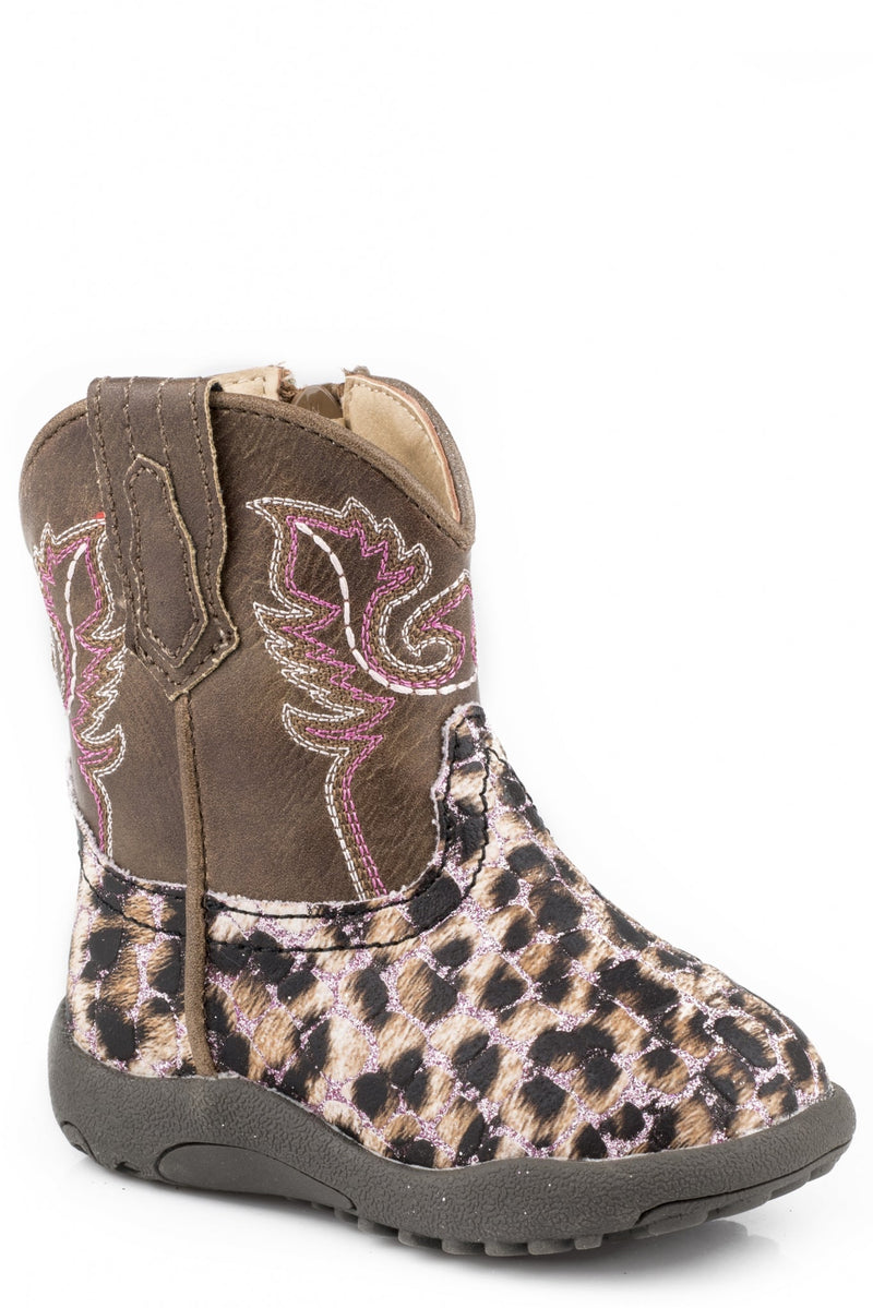 Roper Cowbabies Infant Girls Tan Shaft with Leopard Print Vamp Boots