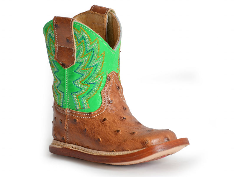 Roper Cowbabies Infant Brown Faux Ostrich/Green Leather Boots