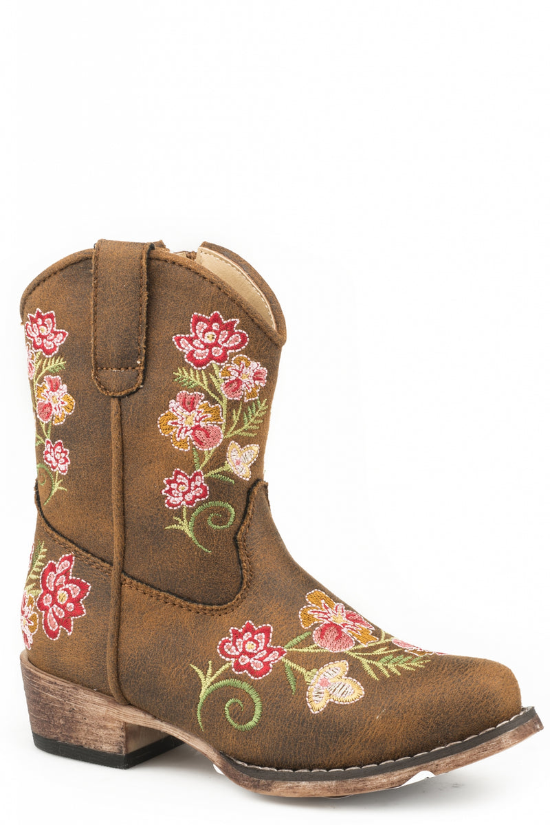 Roper Toddler Girls Cognac/Floral Embroidery Faux Leather Boots