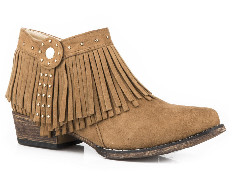 Roper Girls Tan Fringe Ankle Boots With Gold Studs