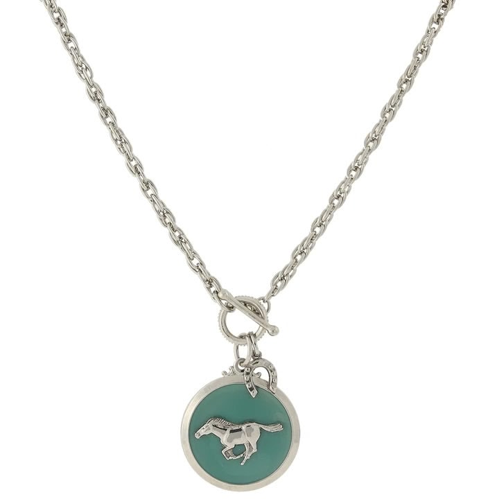 1928 Jewelry Turquoise Color Enamel Horse Pendant Toggle Necklace