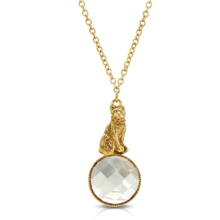 1928 Jewelry Sitting Cat On Round Light Topaz Stone Pendant Necklace