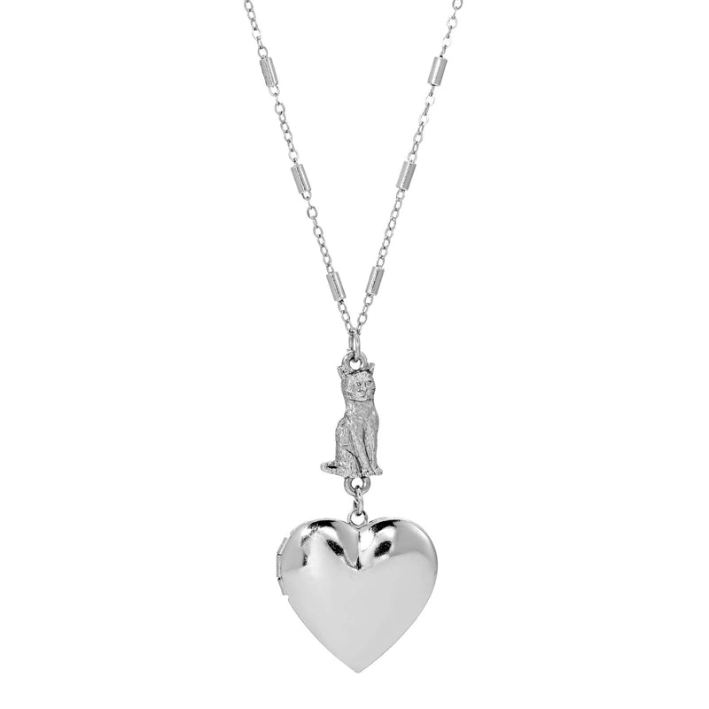 1928 Jewelry Sitting Cat And Heart Locket Necklace