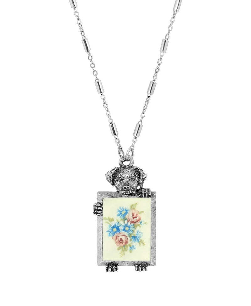 1928 Jewelry Pewter Puppy with Floral Frame Decal Necklace