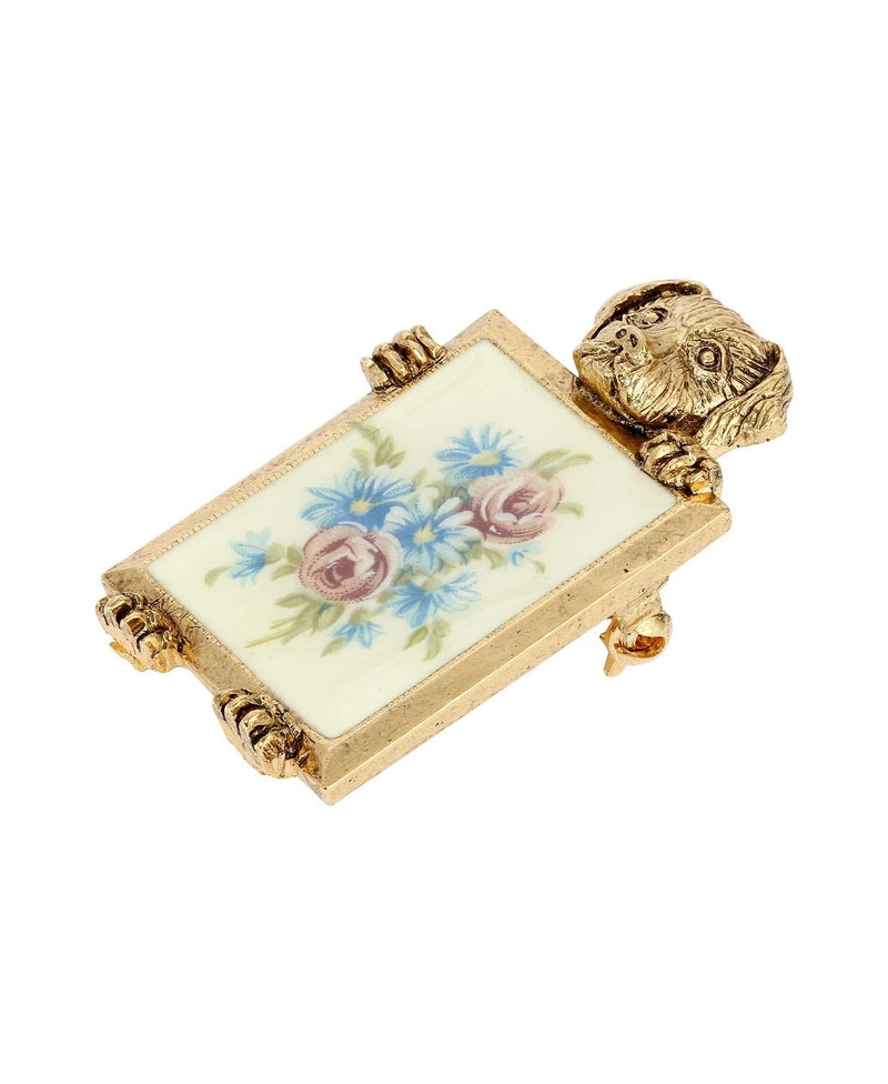 1928 Jewelry Puppy with Floral Frame Decal Pin