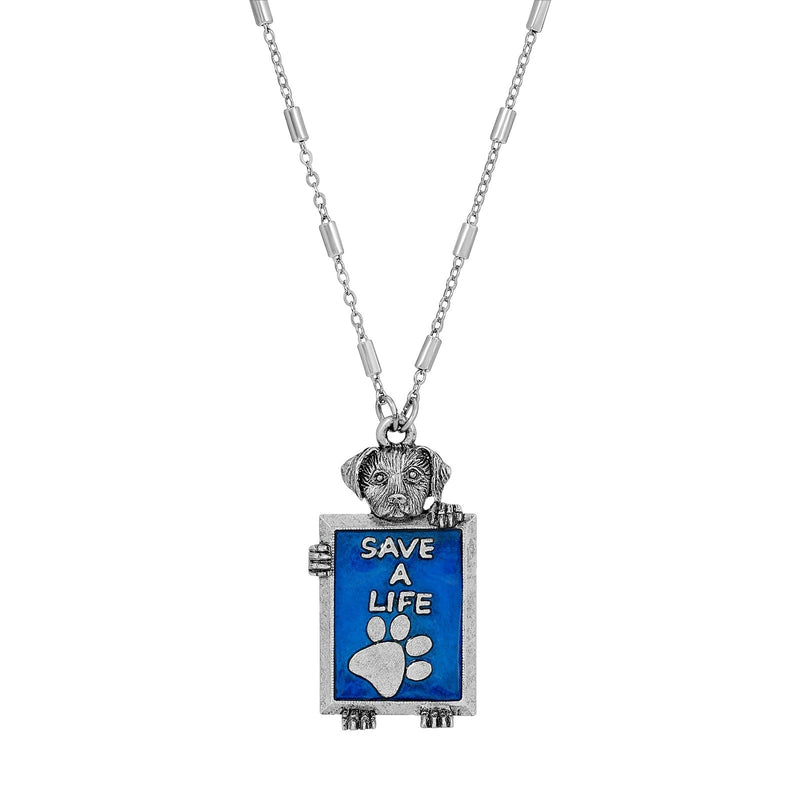 1928 Jewelry Pewter Dog Blue Enamel Save A Life Necklace