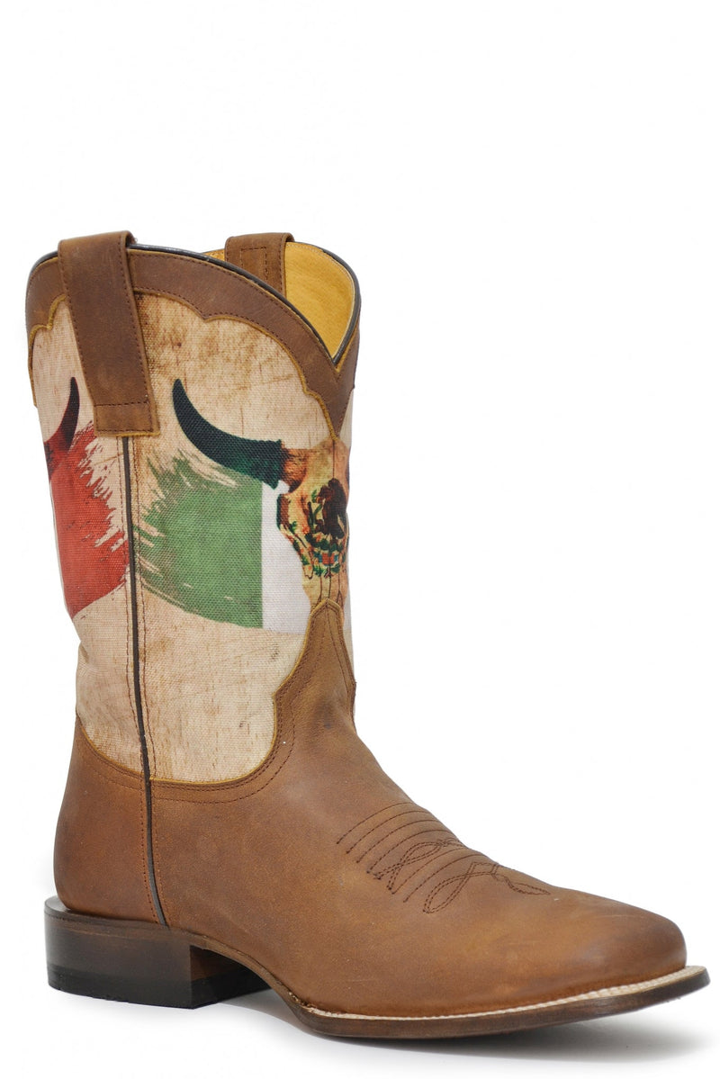 Roper Mens Square Toe Printed Mexican Flag & Skull 11" Shaft Leather Boots