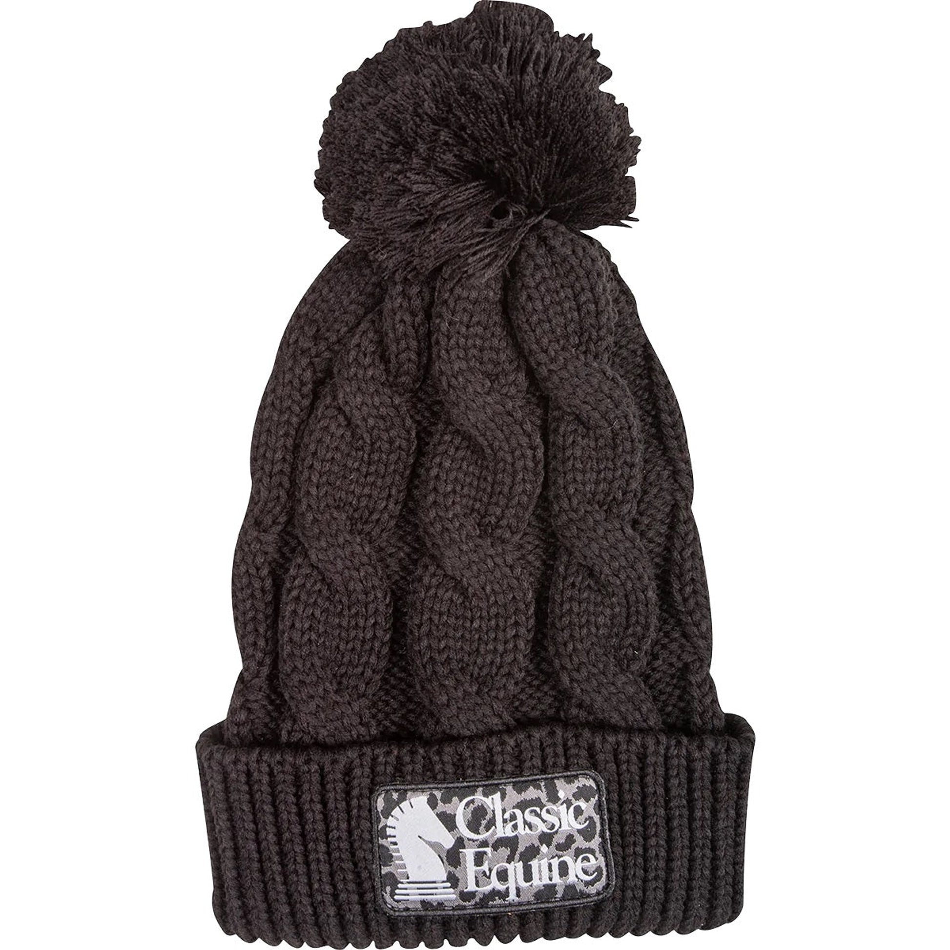 Classic Equine Chunk Twist Knit Beanie Cuff and Pom with Embroidered Cheetah Patch