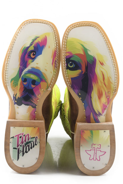 Tin Haul Ladies Square Toe Boots - Neon Glow with Girls 2nd Best Friend Sole