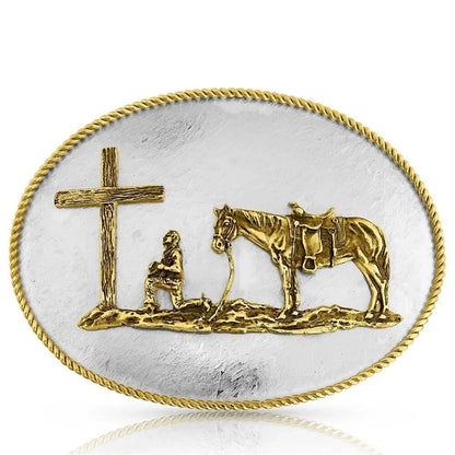 Montana Silversmiths German Silver Rippling Waters Buckle with Christian Cowboy
