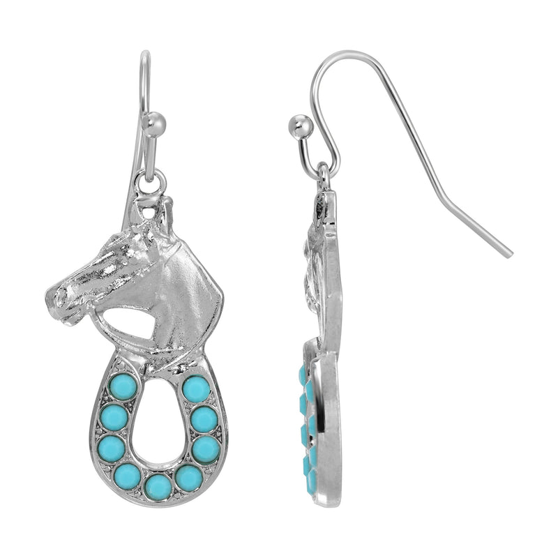 1928 Jewelry Silver Tone Horse Head With Turquoise Horseshoe Earrings