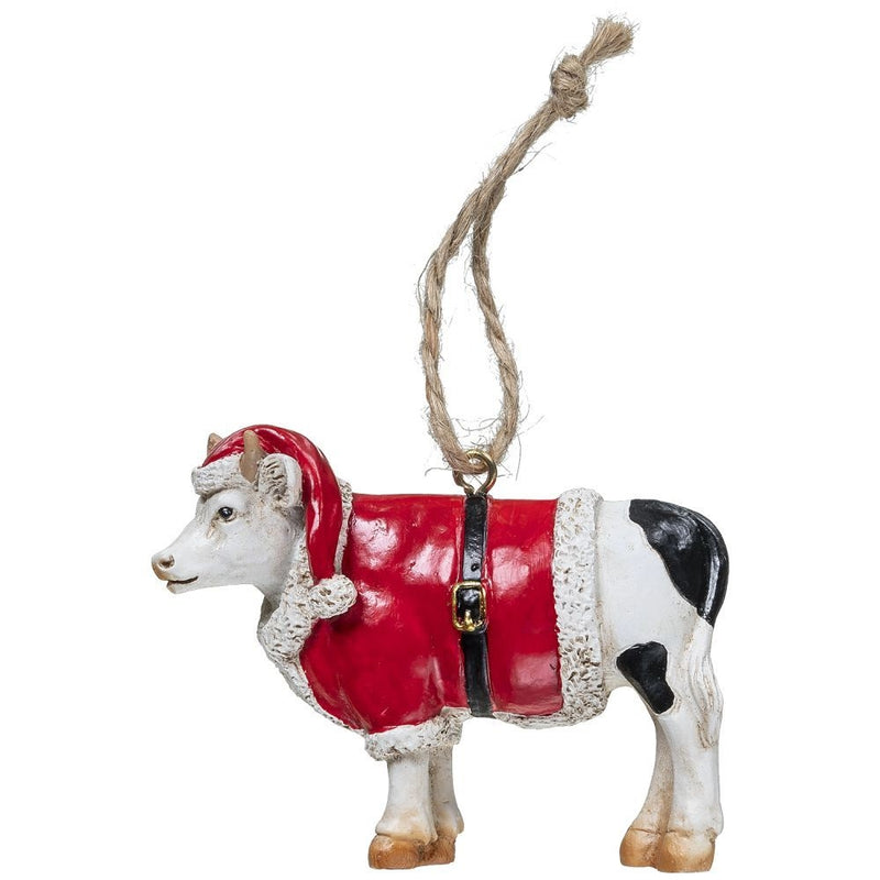 Gift Corral Cow with Santa Suit Ornament
