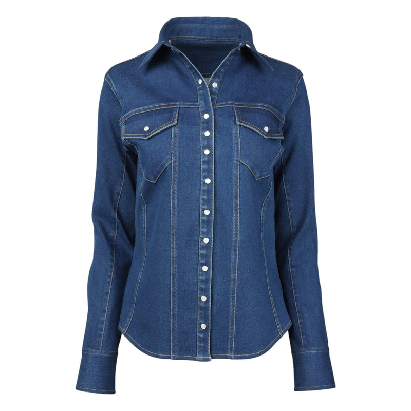 TuffRider Stone Washed Western Stretch Denim Shirt With Pearl Snaps