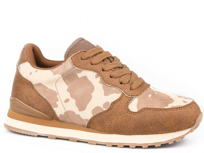 Roper Ladies Cognac Faux Leather Shoes With Cow Print