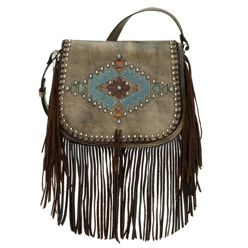 AMERICAN WEST Pueblo Moon Fringe Crossbody Flap Bag - Charcoal Brown