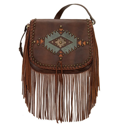 AMERICAN WEST Pueblo Moon Fringe Crossbody Flap Bag - Charcoal Brown