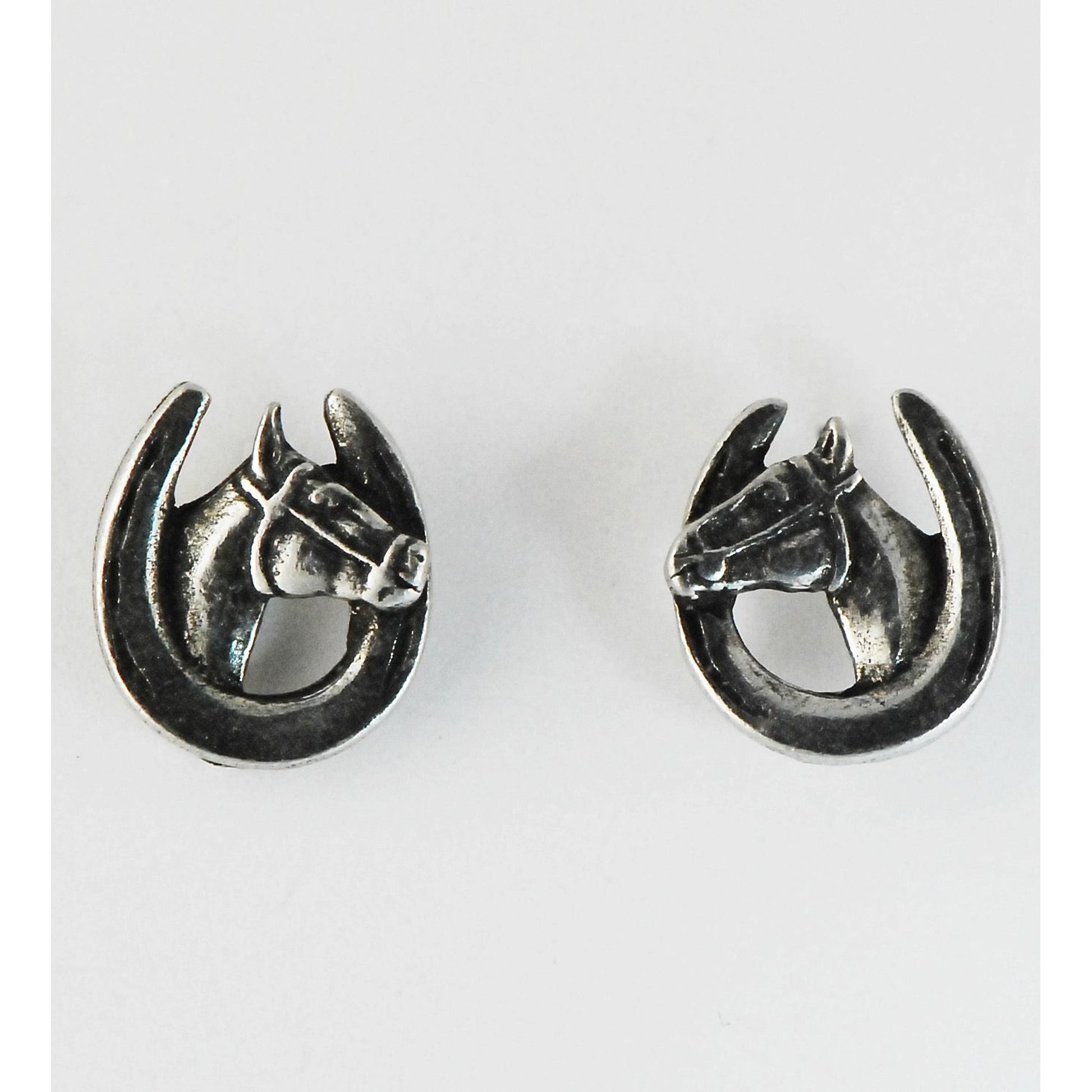 Horse Head In Horse Shoe Earrings Polished Pewter