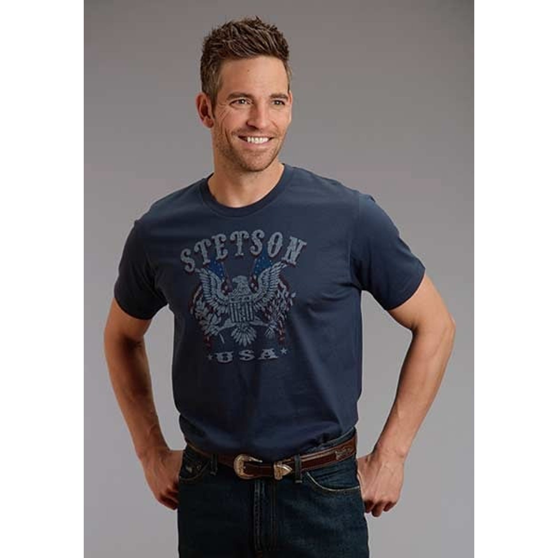 Stetson Mens Usa Eagle Distress Tshirt Lg Blu