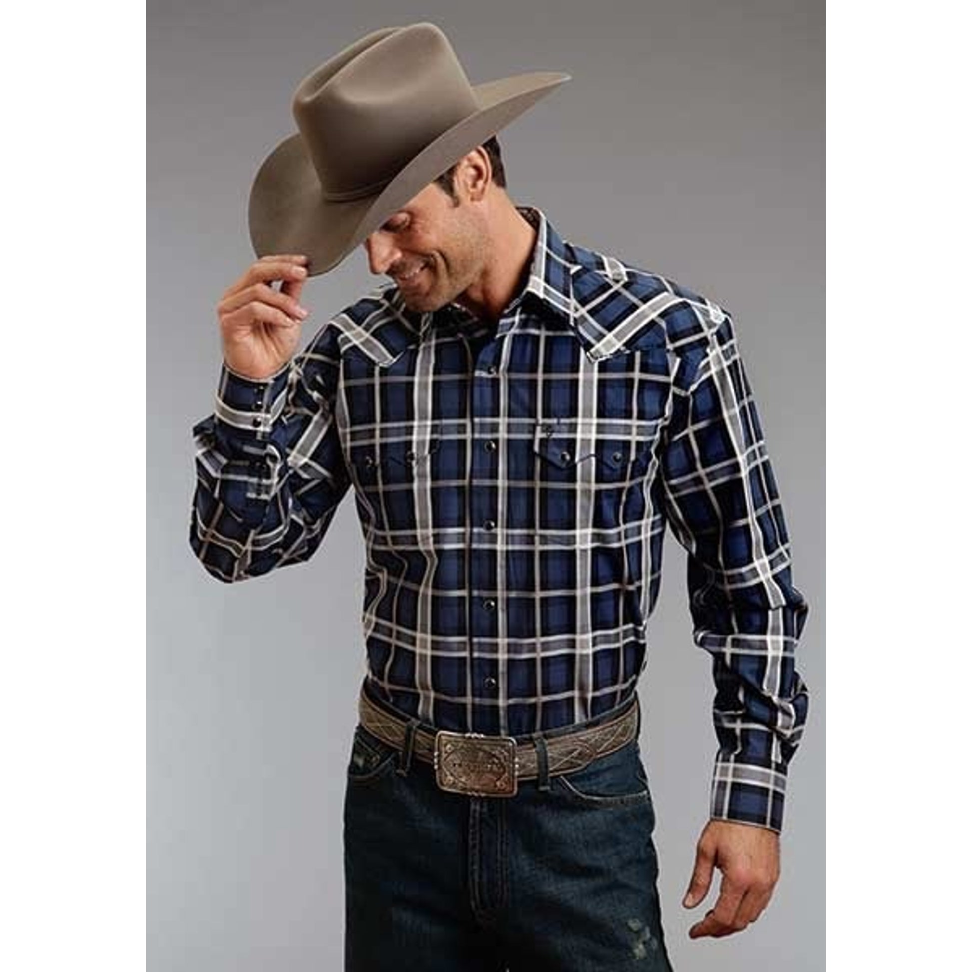 Stetson Mens Winter III Night Sky Plaid Long Sleeve Snap Shirt