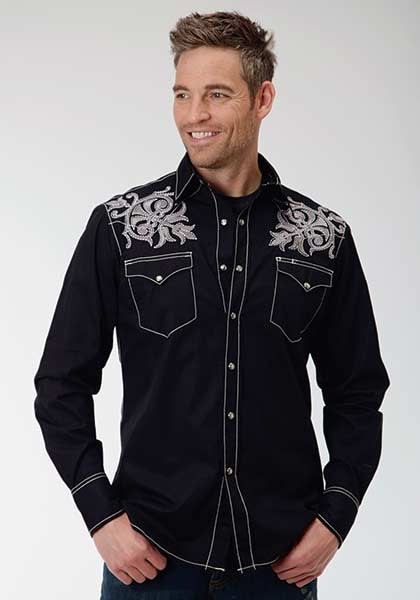 Roper Performance Mens Poplin Embroidery Long Sleeve Pearl Snap Shirt - Black