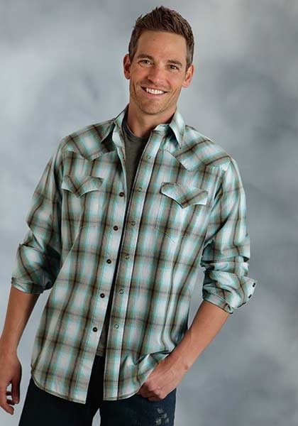 Roper Performance Spring Ii Mens Plaid Long Sleeve Western Pearl Snap Shirt