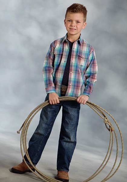 Roper Boys Azure Mist Plaid Long Sleeve Snap Shirt