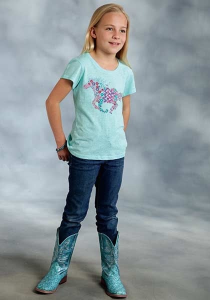 Roper Girls Whimsical Floral Horse Print T-Shirt