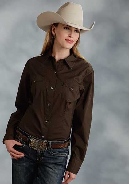 Roper Ladies Poplin Long Sleeve Variegated Snap Shirt - Brown