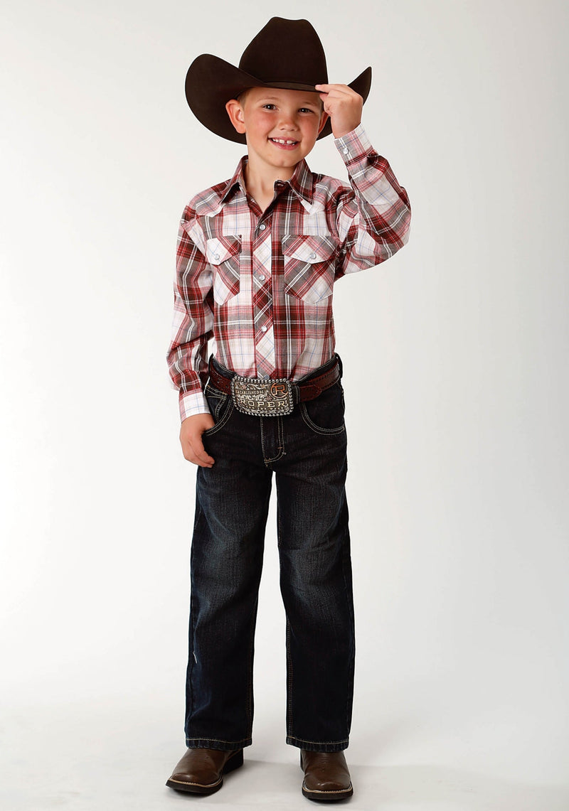 Roper Boys Plaid Snap Shirt XS Brown/Red Plaid
