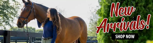 Woman standing next to a horse with 'New Arrivals! Shop Now' text overlay