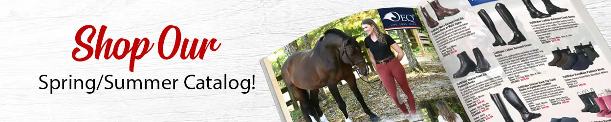 Horse riding boot catalog with images of horses and people, featuring a 'Shop Our Spring/Summer Catalog!' text.