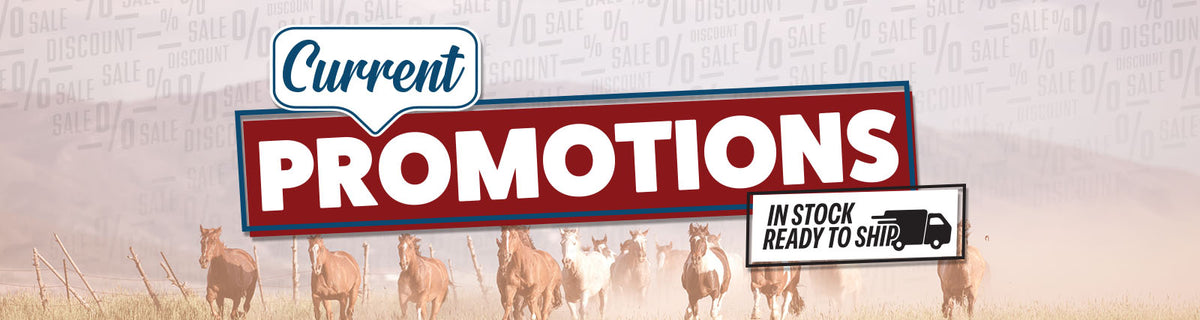 Promotional banner with 'Current Promotions' text and images of horses in a desert setting.