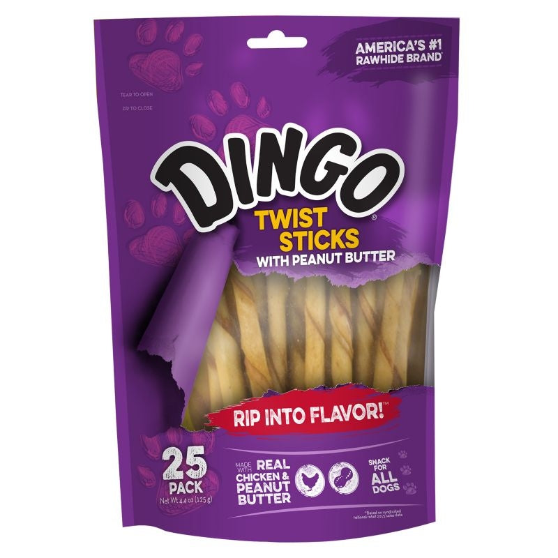 Dingo Peanut Butter Rawhide Twist Sticks 25pk