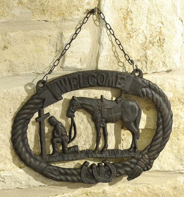 Praying Cowboy Cast Iron Welcome Sign