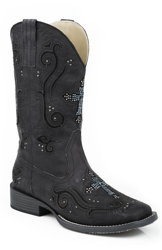 Roper Ladies Sq 11in Crystal Cross Blk Boots