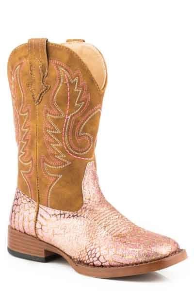 Roper Kids Glitz Square Toe Pink Gold Boots