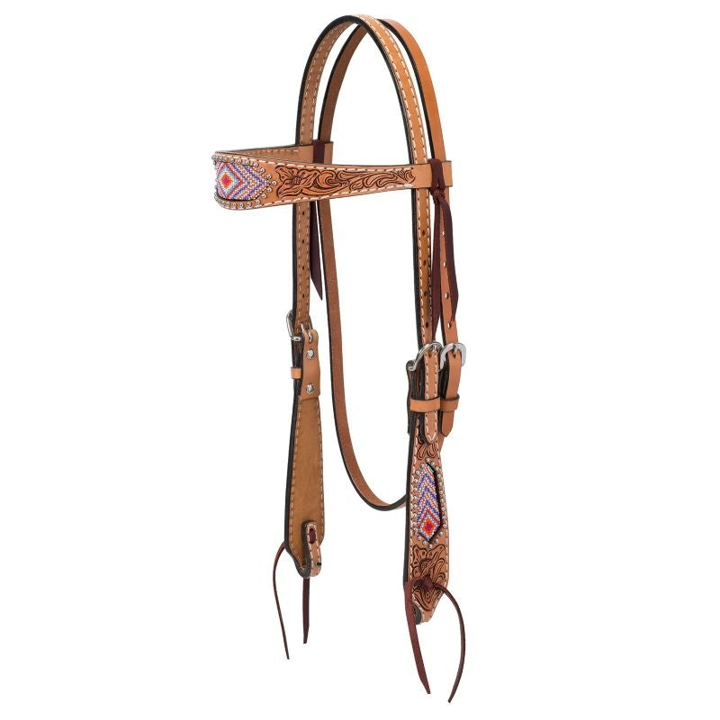 Weaver Turq Cross Pink Beaded Browband Headstall
