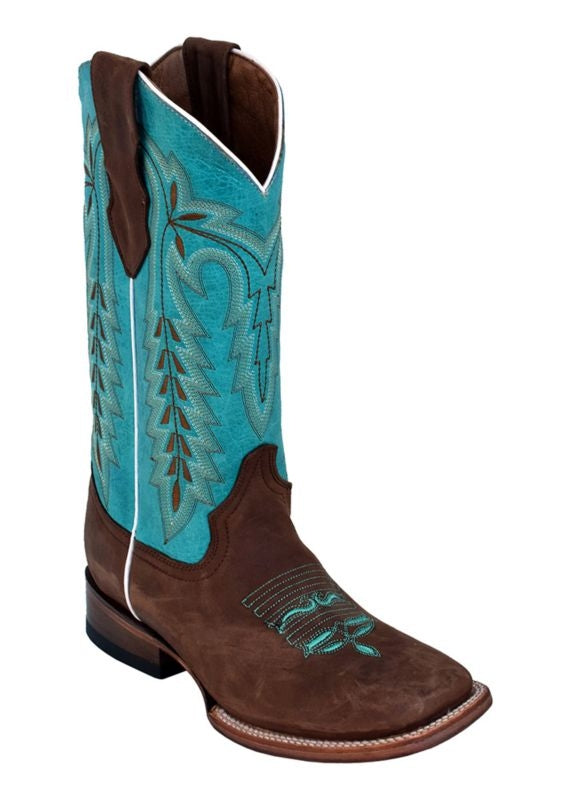 Ferrini Ladies Cowhide Sq Toe Choc/Turq Boots