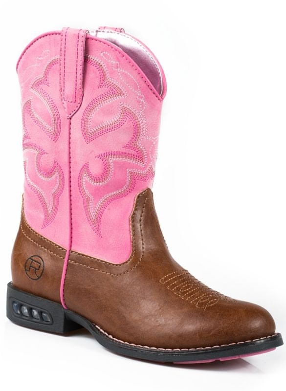 Roper Kids Rnd Toe Tan/Pink Light Up Boots