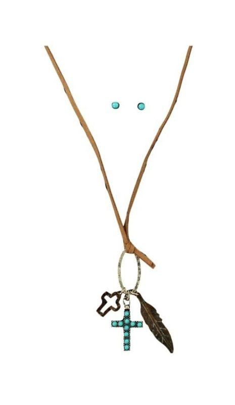 Blazin Roxx Long Dangle Feather And Cross Set