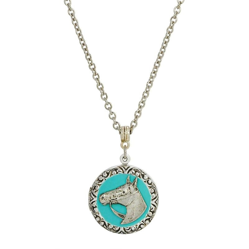 1928 Jewelry Turquoise Enamel Horse Round Locket N