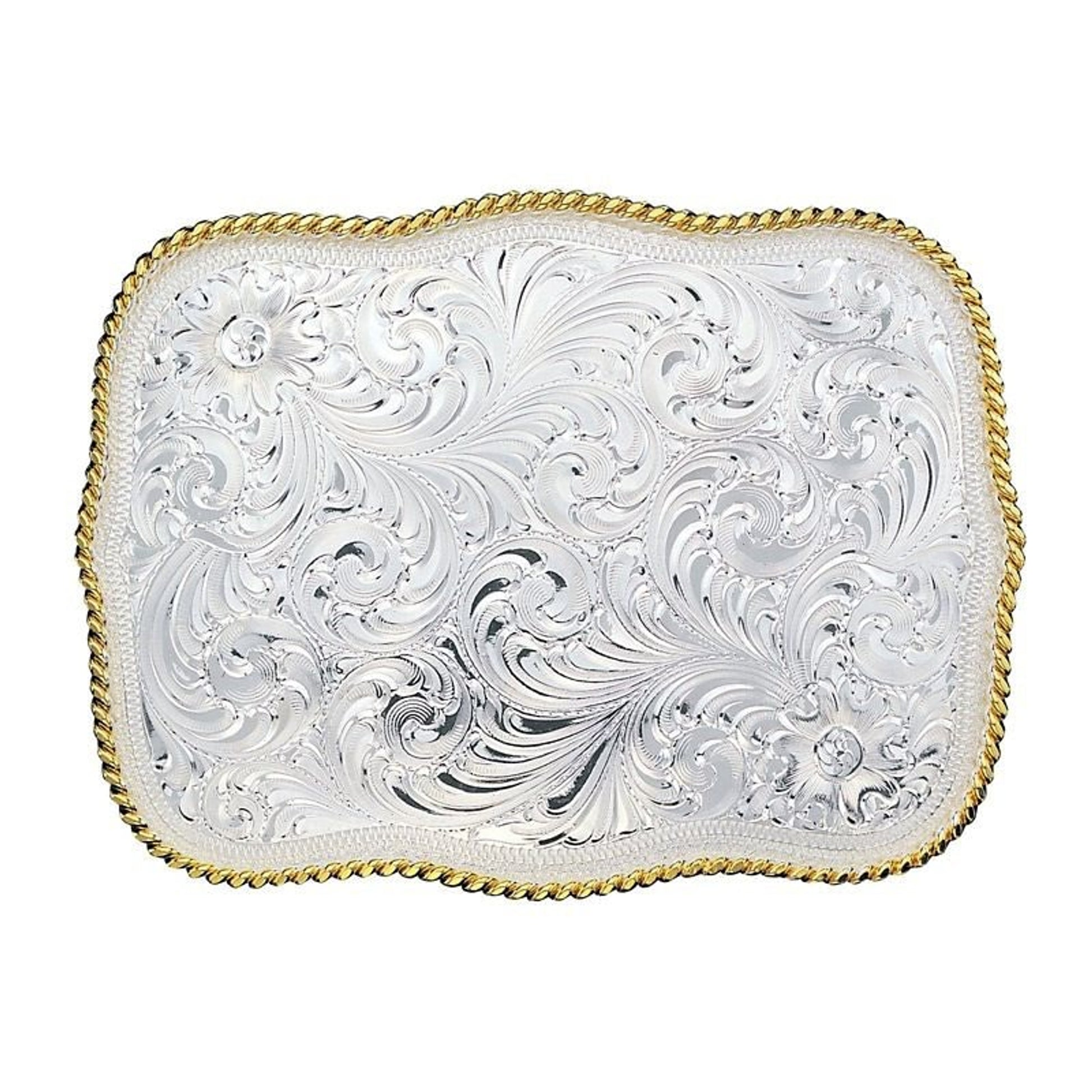 Scalloped Silver Engraved Western Belt Buckle Brn