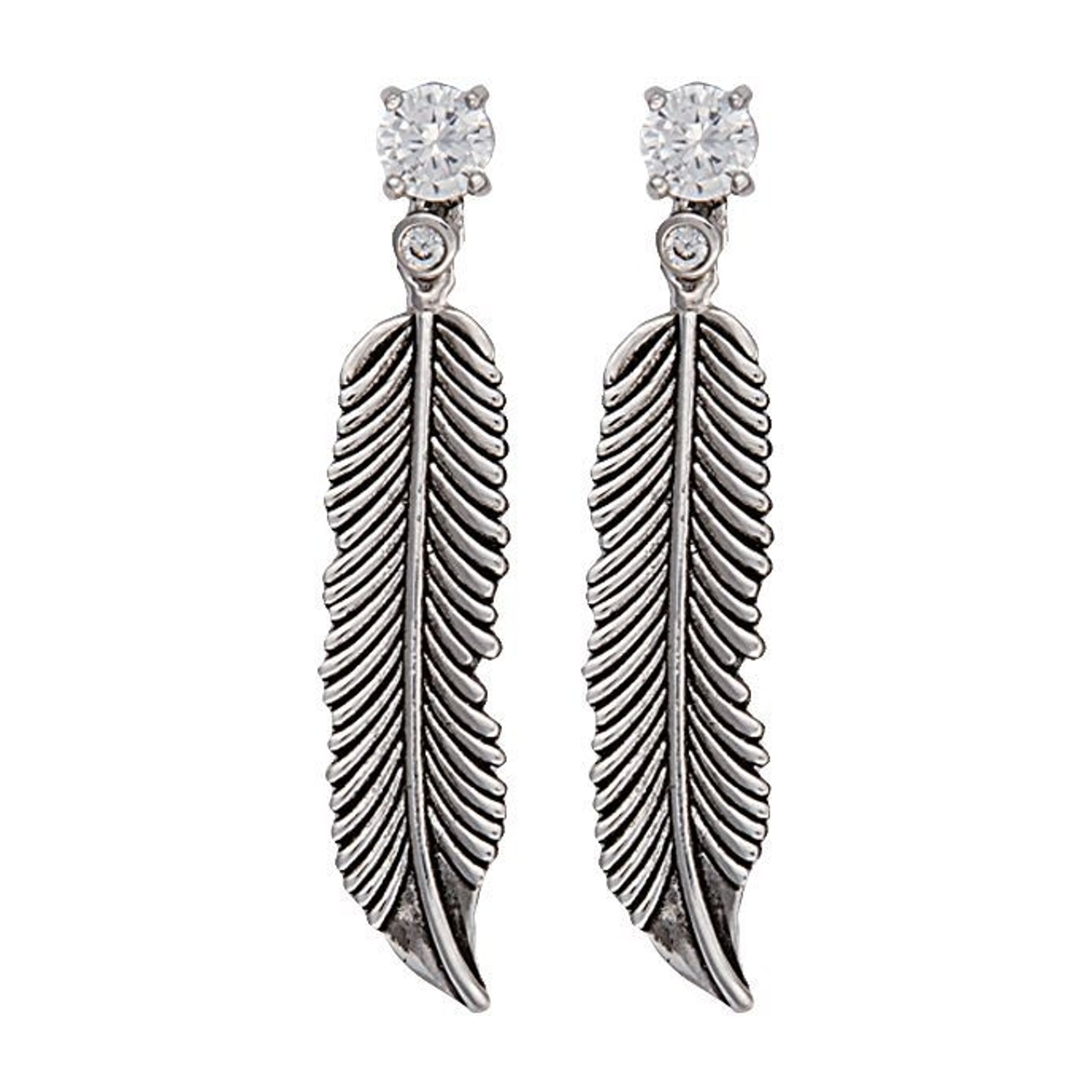 Silver Crow Feathers On Crystal Stud Earrings