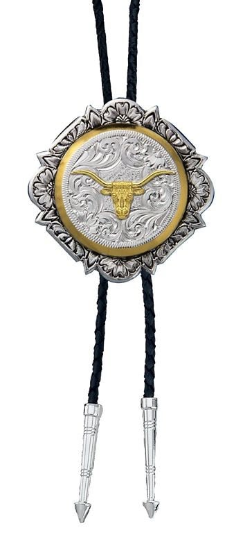 Montana Silver Gold Engraved Button Bolo Tie