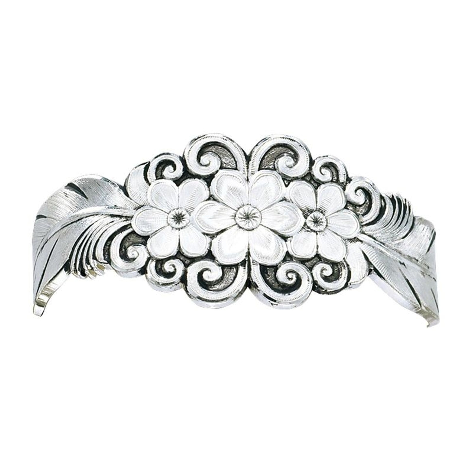 Silver Flower And Feather Spray Cuff Bracelet