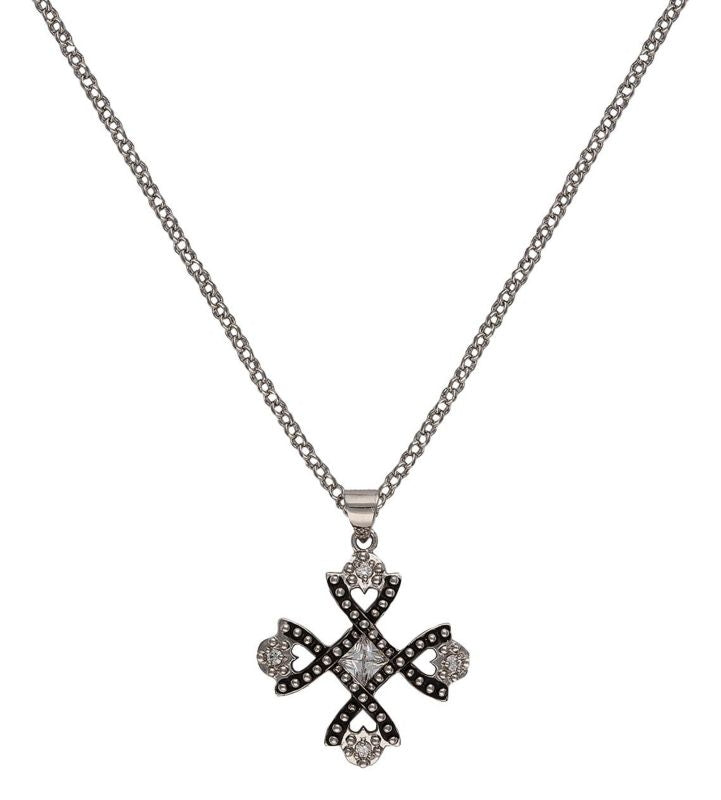Antiqued Crystal Braided Cross NecklaceBk/Wh