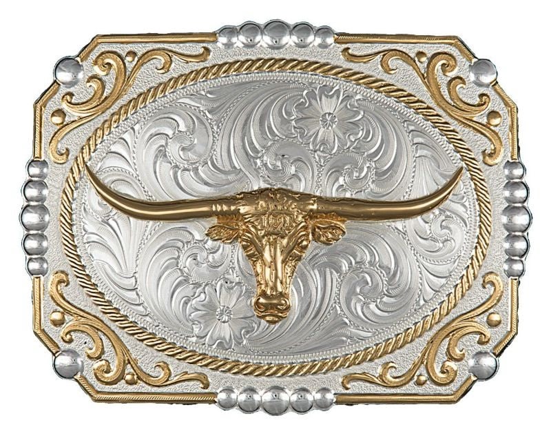 2Tone Cowboy Cameo Buckle/Longhorn 4.375X3.25 Sil