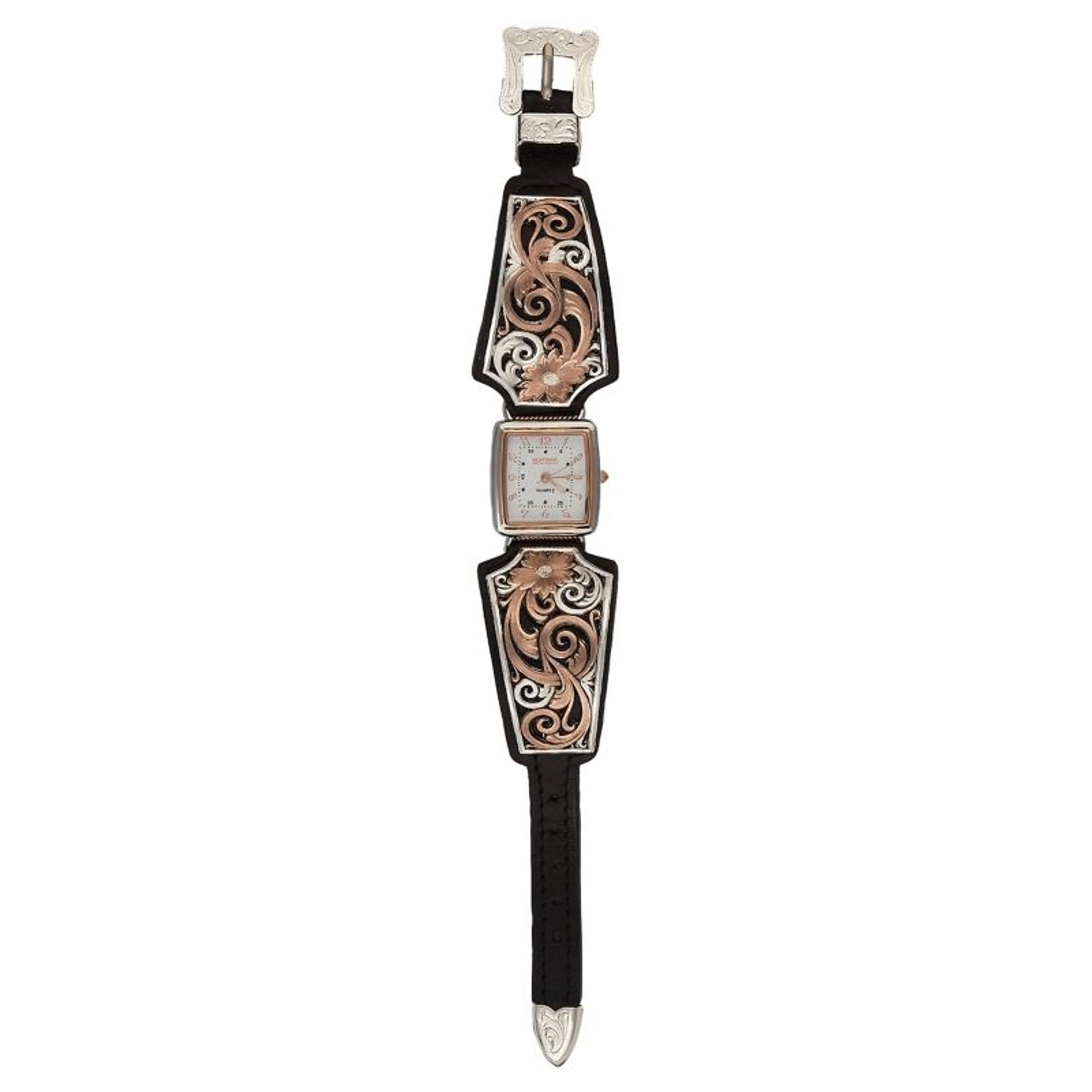 Rose Gold Vintage West Black Leather Band Watch
