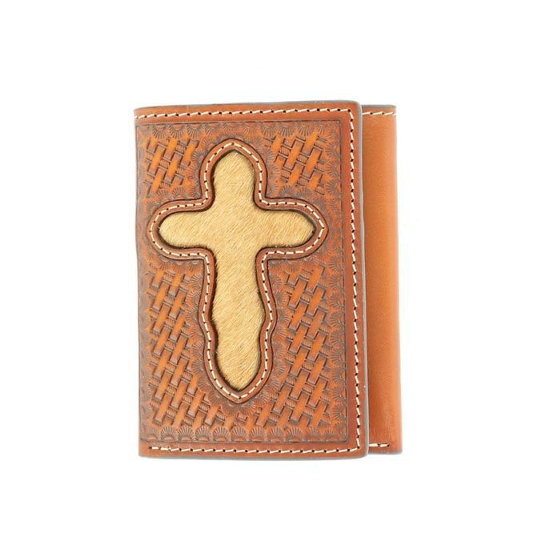 Nocona Pro Tri-Fold Hair Cross Tooled WalletBk/Wh