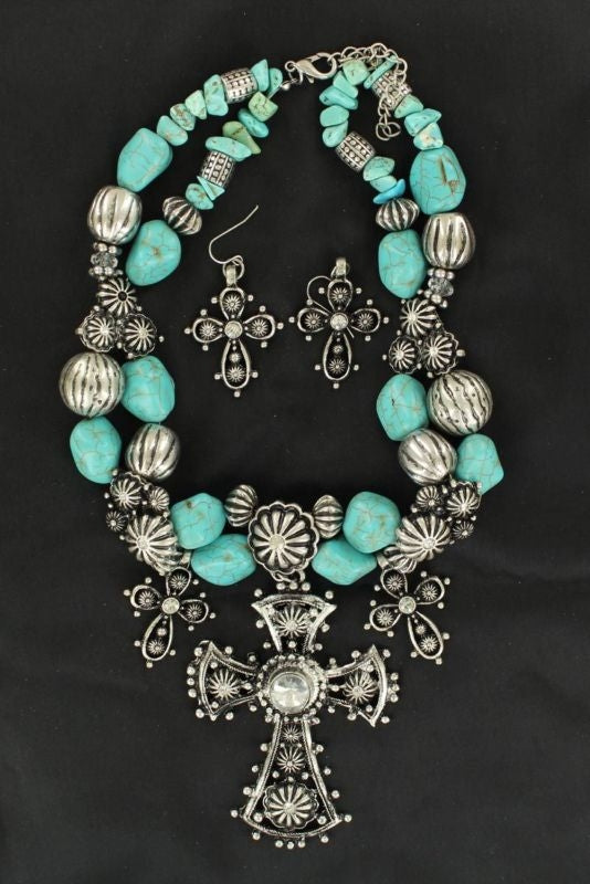 3 Crosses And Flowers Necklace/Earrings SetTurq